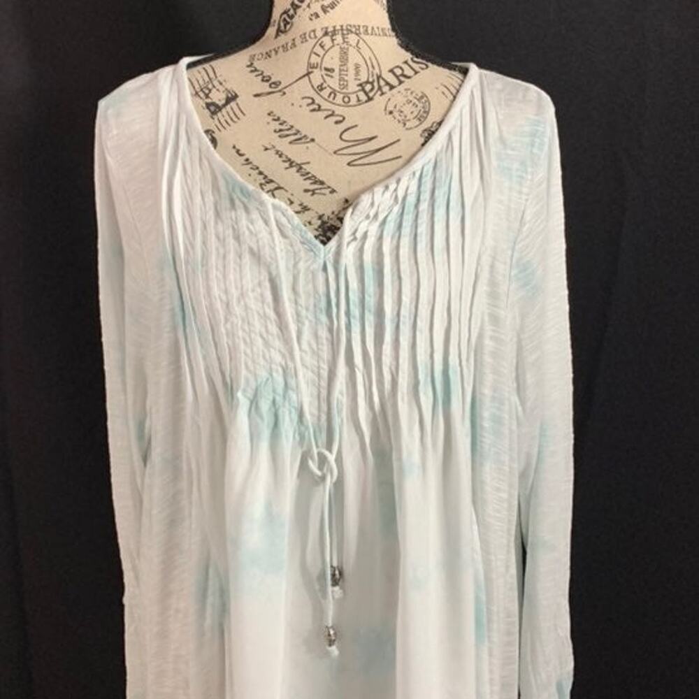 Bandolino Women's Large Top Peasant Cameo White Tie Dye Long Sleeves Drawstring